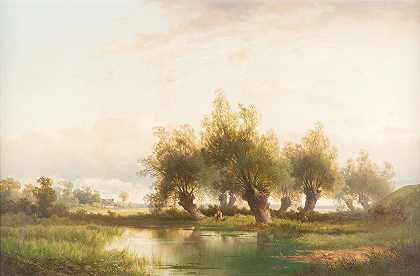 柳树下的垂钓者`Angler under willows by Carl Hasch
