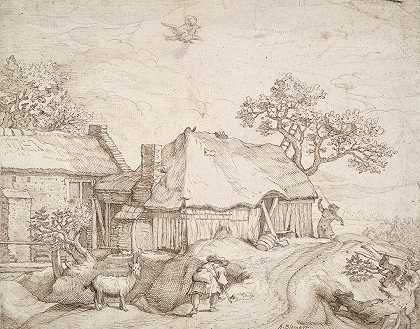农舍里有农民、一只山羊和绑架加尼米德`Farm Buildings with Peasants, a Goat, and the Abduction of Ganymede (17th century) by After Abraham Bloemaert