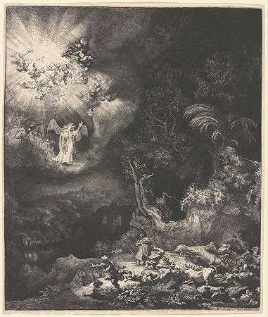 向牧羊人显现的天使`The Angel Appearing to the Shepherds (1634) by Rembrandt van Rijn