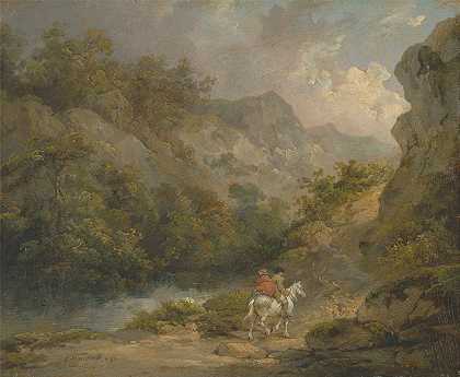 两人骑马的岩石景观`Rocky Landscape with Two Men on a Horse by George Morland
