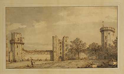 沃里克城堡院子的东面`Warwick Castle; The East Front from the Courtyard (1748) by Canaletto