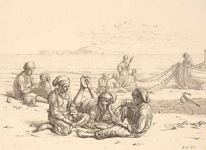 那不勒斯钓鱼男孩打牌。几个渔夫正忙着捕鱼。背景是卡普里`Neapolitanske fiskerdrenge som spiller kort. Flere fiskere er beskæftiget med deres net. I baggrunden ses Capri (1847) by Christen Købke