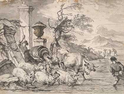 牛在洪水泛滥的溪流中奔跑`Cattle wasing through a flooded stream (late 17th–early 18th century) by Michiel Carree