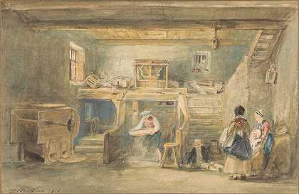 皮特尔西磨坊的屋内有一个人在筛玉米`The Interior of Pitlessie Mill with a Man Sieving Corn (1818) by Sir David Wilkie