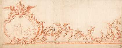 用卡通、Putti和猴子装饰绘画`Ornament Drawing with Cartouche, Putti, and Monkeys by Gilles-Marie Oppenord