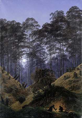 月光下的森林里`Inside the forest in the moonlight (circa 1823) by Caspar David Friedrich