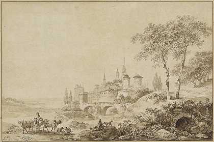 在设防城镇前的风景中牧羊人`Shepherds in a Landscape before a Fortified Town (1777) by Jean-Baptiste Le Prince