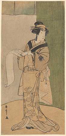 一个高个子演员，一个女人在读一封信`Tall Actor as a Woman Reading a Letter by Bamboo Screen (ca. 1775–1800) by Bamboo Screen by Katsukawa Shunchō