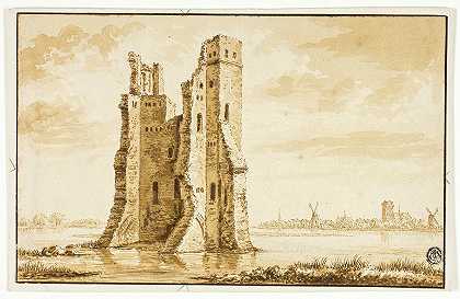 以多德雷赫特为背景的梅尔韦德庄园遗址`Ruins of the Merwede Manor seen from the Front with Dordrecht in the Background by Abraham Rademaker