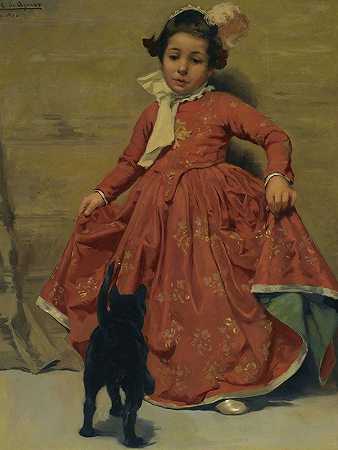 为她的猫跳舞的女孩`Girl dancing for her cat (1900) by Andrés Parladé y Heredia