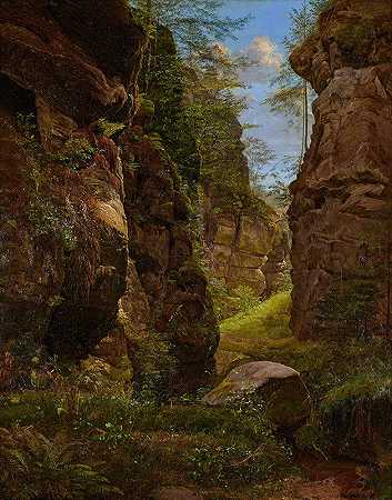 瑞士萨克森州乌特瓦尔德格兰德的岩石峡谷`Felsenschlucht im Uttewalder Grund in der Sächsischen Schweiz (1820) by August Heinrich