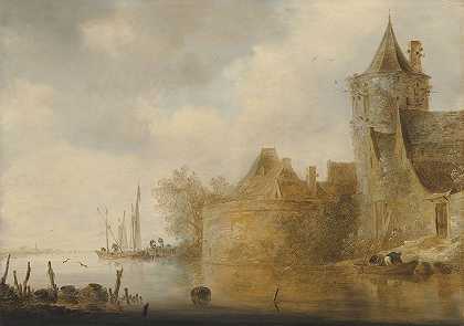 有一座塔和墙后的村庄建筑的河流景观`River landscape with a tower and village buildings behind a wall by Cornelis van der Schalcke