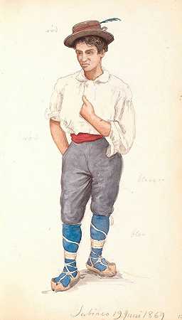 一个戴着鞋带和羽毛帽子的意大利男人`Italiensk mand med snøresko og hat med fjer (1868 ~ 1869) by P. C. Skovgaard