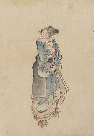一个女人走到右边，全身肖像，面朝左边，穿着和服和盖塔`A woman walking to the right, full~length portrait, facing left, wearing kimono and geta (1830~1850) by Katsushika Hokusai