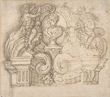 设计用于过火处或壁龛顶部，带有半身像和带有花环的Putti`Design for an Overdoor or the Top of a Niche with a Bust and Garland~bearing Putti (1652–1725) by Giovanni Battista Foggini