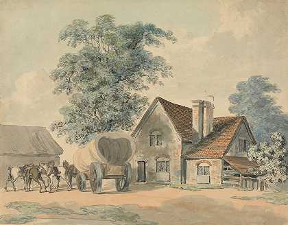 小屋外的马和马车`Horses and Wagon Outside a Cottage by Samuel Howitt