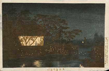田纳西神庙下方的科罗莫河`Koromo River below the Temple Tennōji (1880) by Kobayashi Kiyochika