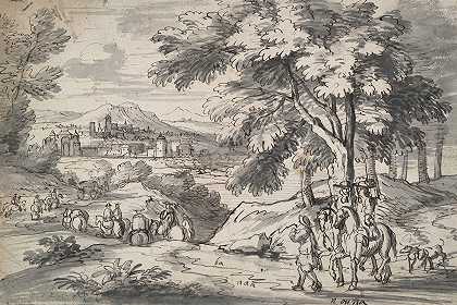 游客和远处城市的景观`Landscape with Travelers and City in the Distance (17th century) by Circle of Adam van der Meulen,
