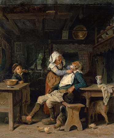 理发师布列塔尼的商店`A Barbers Shop In Brittany (1872) by Edouard Girardet