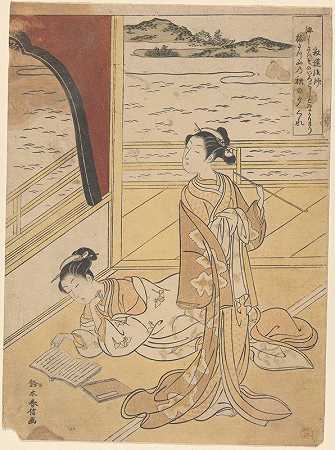 露台上有两个妓女一次阅读，一次吸烟`Two Courtesans on Terrace; One Reading, One Smoking (18th century) by Suzuki Harunobu