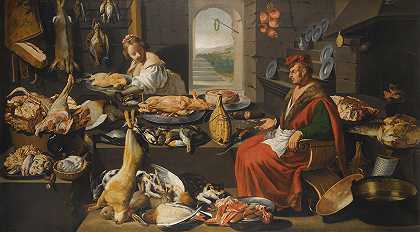 厨房屋内有一位厨师和他的助手，周围有肉和烹饪工具，右边有一个壁炉`A Kitchen Interior With A Chef And His Assistant Surrounded By Meats And Cooking Instruments, A Fireplace To The Right (17th Century) by Italo-Flemish School