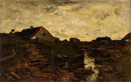 丹麦斯卡根沙丘上的茅草屋`Chaumières dans les dunes à Skagen (Danemark) (1880) by Émile Barau