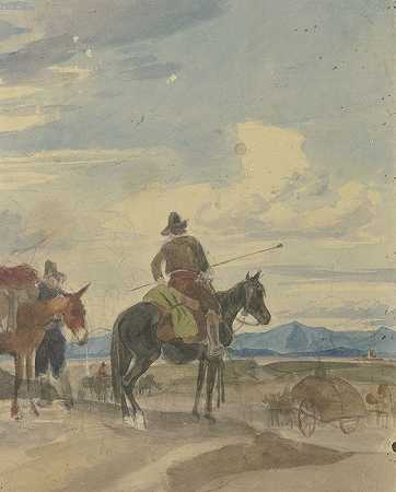 来自罗马平原的骑马农民和骡夫`Bauer zu Pferde und Maultiertreiber aus der römischen Campagna by Johann Adam Klein