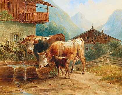 药水旁的奶牛`Kühe An Der Tränke by Joseph Heicke