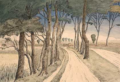 风景。前景是一条长满树木的道路`Marklandskab. I forgrunden en vej med træer (1893) by Johan Rohde