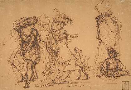 穿着奇装异服的五个人和两只狗`Five Figures in Fantastic Costumes with Two Dogs (1615–73) by Salvator Rosa