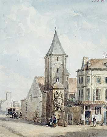 D座亚历山大，L的遗骸圣维克多修道院（修道院建筑的D塔角）。`Tour dAlexandre, restes de labbaye Saint Victor (Tour dangle des bâtiments abbatiaux). (1810) by Auguste-Sébastien Bénard