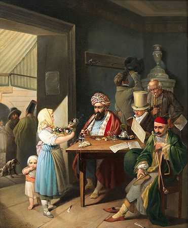 维也纳咖啡馆里的希腊人和土耳其人`Griechen und Türken in einem Wiener Kaffeehaus (1824) by Theodor Leopold Weller