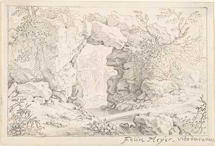 带有天然拱门和瀑布的景观`Landscape with a Natural Arch and a Waterfall (17th–early 18th century) by Felix Meyer