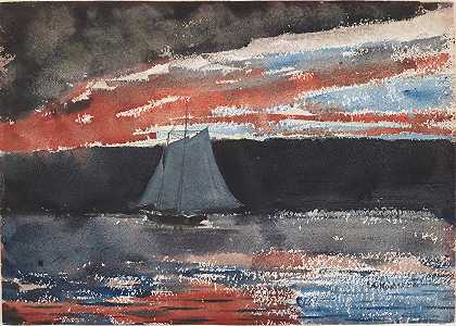 日落时的纵帆船`Schooner at Sunset (1880) by Winslow Homer