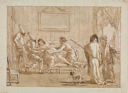 潘奇内洛母亲怀孕生病了`Punchinellos Mother Sick in Pregnancy (early 19th century) by Giovanni Domenico Tiepolo