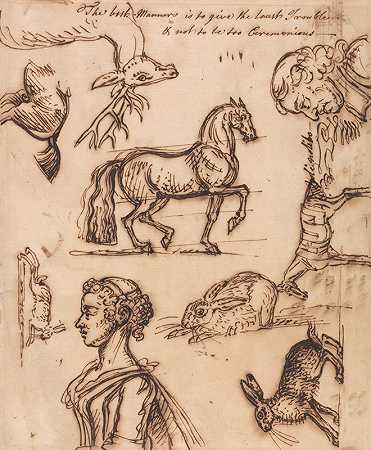 野兔、马、牡鹿、男人和女人的素描`Sketches of a Hare, Horse, Stag, Man and Woman by James Seymour