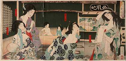 夏天在Daishōrō洗澡的女人`Summer; Women Bathing at the Daishōrō (1883) by Tsukioka Yoshitoshi