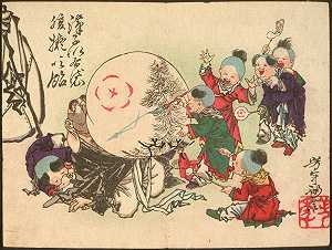 孩子们炸毁了旅馆把肚子涂成糖果`
Children Blowing Up Hoteis Belly and Painting It Like Candy (1882)  by Tsukioka Yoshitoshi