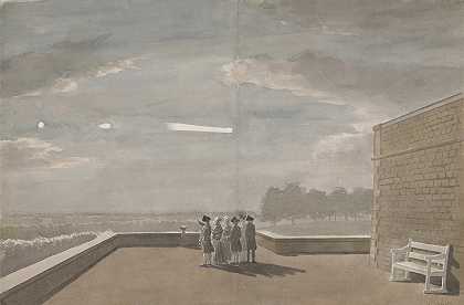1783年8月18日的流星，从温莎城堡北台的东角看去`The Meteor of August 18, 1783, as seen from the East Angle of the North Terrace, Windsor Castle by Paul Sandby
