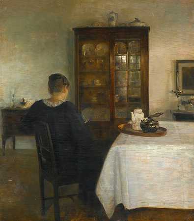 艺术家她妻子住在室内`The artists wife in an interior by Carl Holsøe