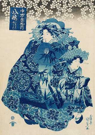 中文治亚、神户瓦卡巴和弥生的Yatsuhashi`Yatsuhashi of the Naka~Manjiya, kamuro Wakaba and Yayoi (circa 1831) by Utagawa Kunisada (Toyokuni III)