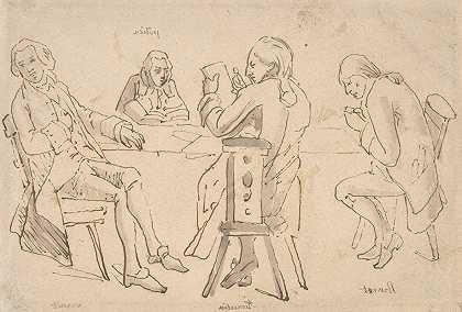 四位艺术家坐在一张桌子旁（布鲁内特、波蒂埃、蒂尔塞廷、韦尔内）`Four Artists seated at a table (Brunet, Potier, Tiercetin, Vernet) by Horace Vernet