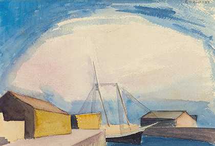 帆船（木材纵帆船和码头）`Sailboat (Lumber Schooner and Wharves) (1922) by George Copeland Ault