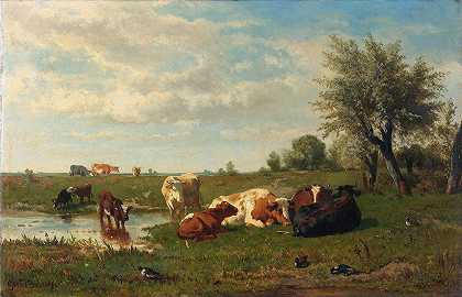 草地上的奶牛`Cows in the Meadow (1860 ~ 1865) by Gerard Bilders
