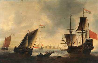海上的荷兰船只，远处的城市`Dutch ships and boats at sea, a city beyond by Jacob Adriaensz. Bellevois