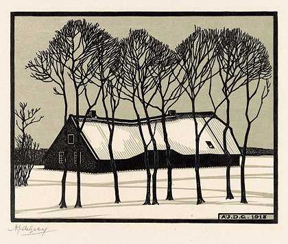 雪地里的农场`Boerderij in de sneeuw (1918) by Julie de Graag