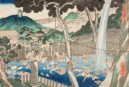 山上的Rōben瀑布`Rōben Waterfall at Mount Ōyama (circa 1840) by Utagawa Kuniyoshi
