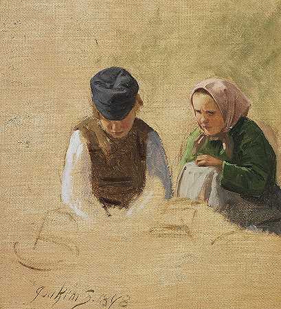 农民男孩和缝纫农民女孩。书房`Bondedreng og syende bondepige. Studie (1878) by Joakim Skovgaard