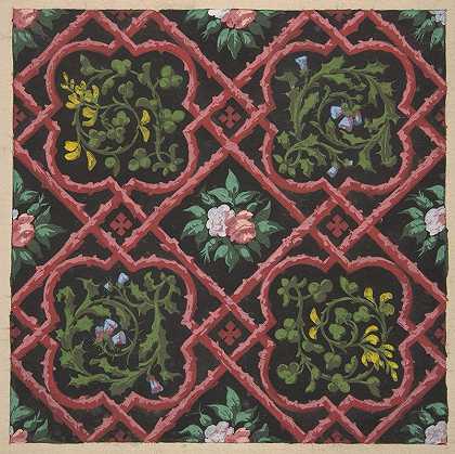 以花朵和格子为特色的壁纸设计`Design for wallpaper featuring flowers and latticework (1830–97) by Jules-Edmond-Charles Lachaise