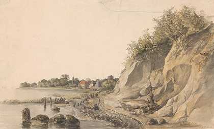 岩石河岸，背景是一些房屋`Rotsachtige rivieroever, met op de achtergrond enkele huizen (1818 ~ 1865) by Petrus Johannes Schotel